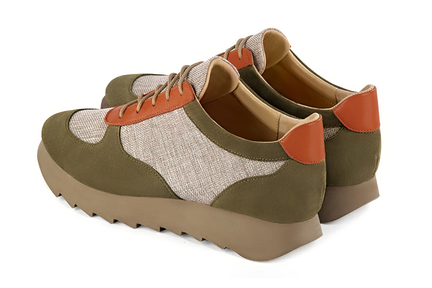 Khaki green, natural beige and terracotta orange women's three-tone elegant sneakers. Round toe. Low rubber soles. Rear view - Florence KOOIJMAN